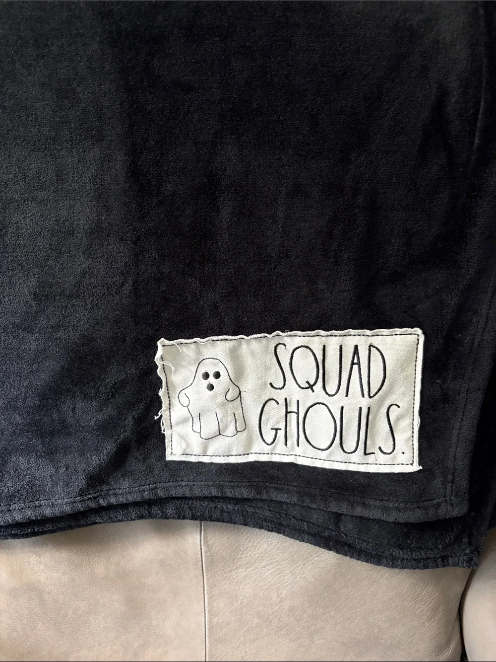 Rae Dunn Black Plush Throw Blanket with 'Squad Ghouls' Patch